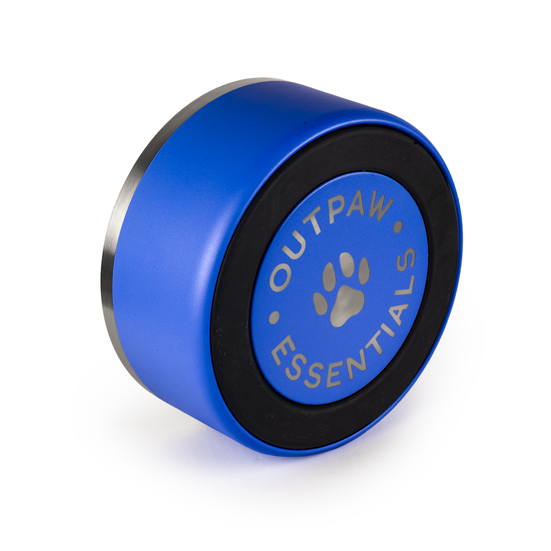 Blue stainless steel dog bowl from the side and underneath, showing the Outpaw logo