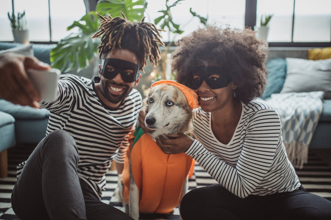 Couple taking a photo with their dog in a Halloween costume - how to get your dog to wear a Halloween costume