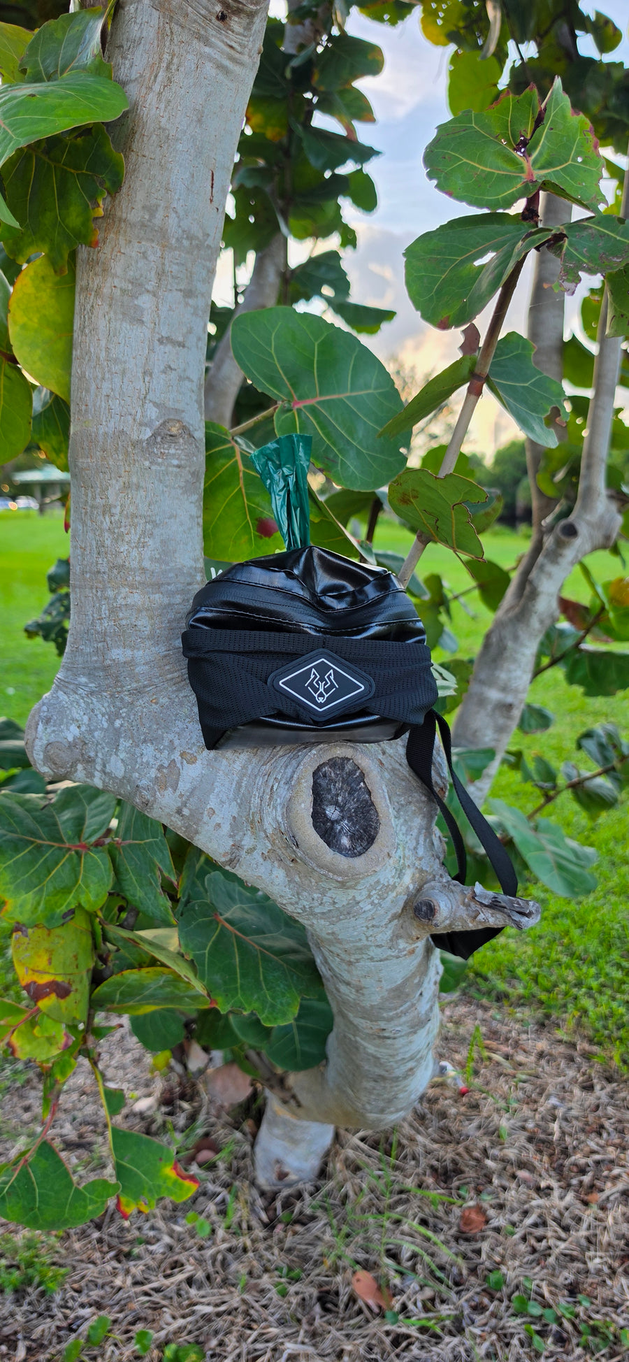 Waste Wrangler Mini in Black with a green bag ready to pull, resting in the fork of a tree at the park