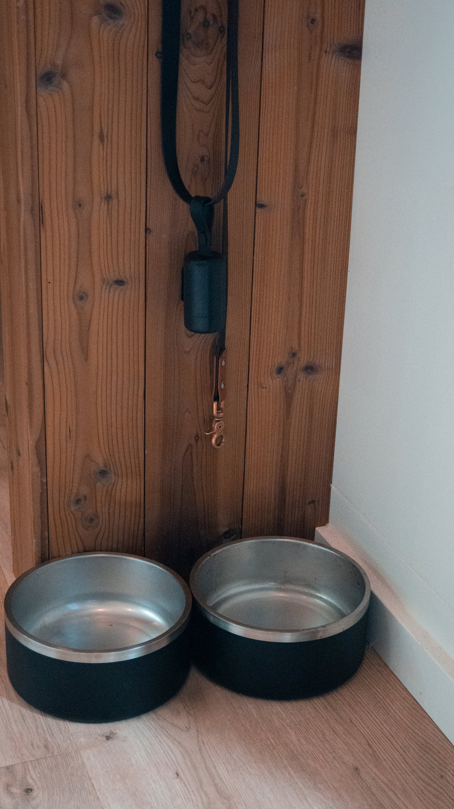 Two Black Stainless Steel Dog Bowls from the 2 Pack Dog Bowl Bundle inside a tent, a customer's dog eating dinner at camp