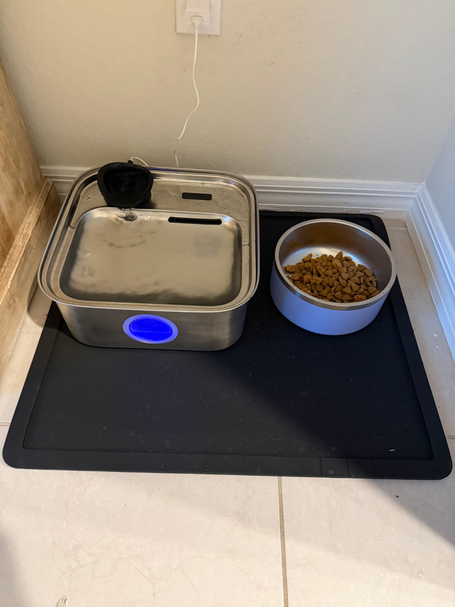 Silicone Feeding Placemat in Black on a tiled floor at home, holding a stainless steel water fountain and a bowl of kibble