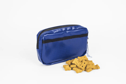 Blue Treat Pouch for dog treats with weather-resistant TPU material and FDA-tested food-safe interior.