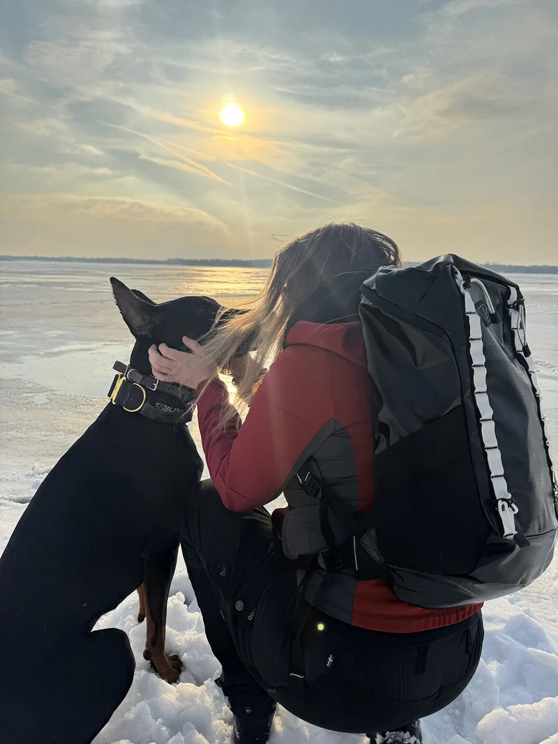 Dog owner wearing the Wolf Stride backpack while enjoying a winter adventure with their dog at sunset