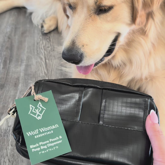 Video of a dog wearing the Wolf Woman Essentials Ultra-light Explorer Kit Bundle pouches on a walk.