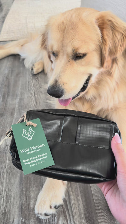 Video of a dog wearing the Wolf Woman Essentials Ultra-light Explorer Kit Bundle pouches on a walk.